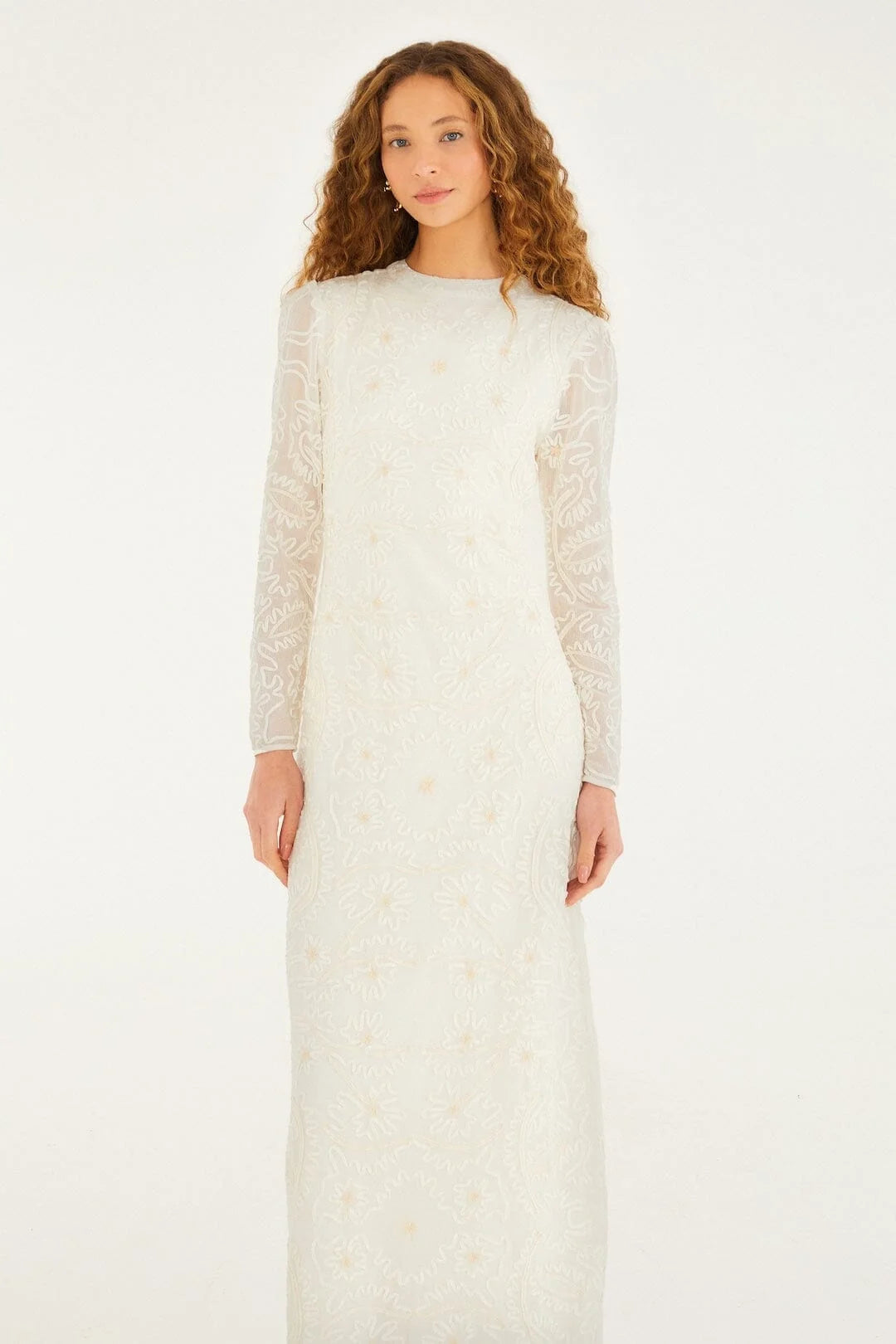 Off-White Embroidered Crew Neck Long Sleeve Maxi Dress