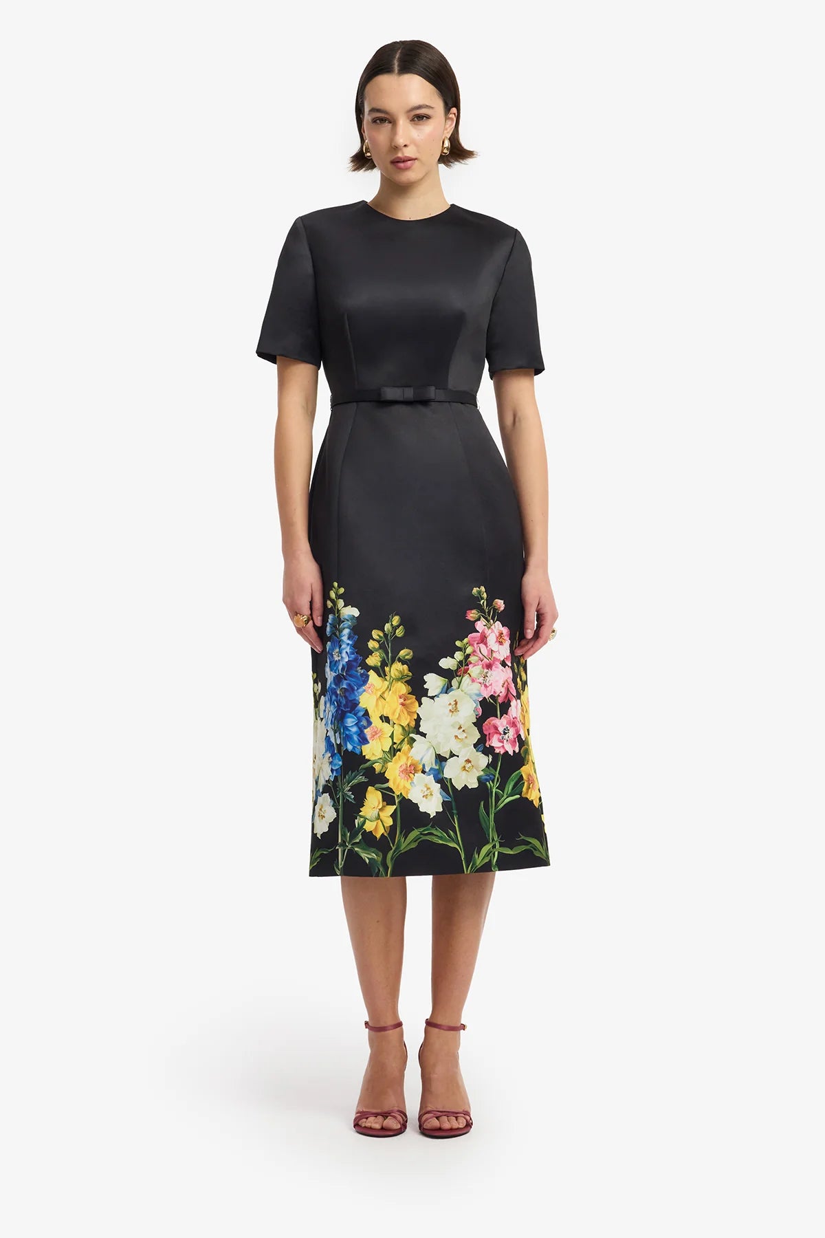 Elizabeth Short Sleeve Midi Dress - Snapdragon Print in Ebony