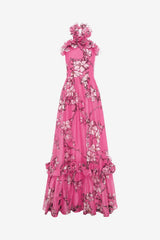 Isabelle Ruffled Halterneck Maxi Dress - Pink Magnolia Print