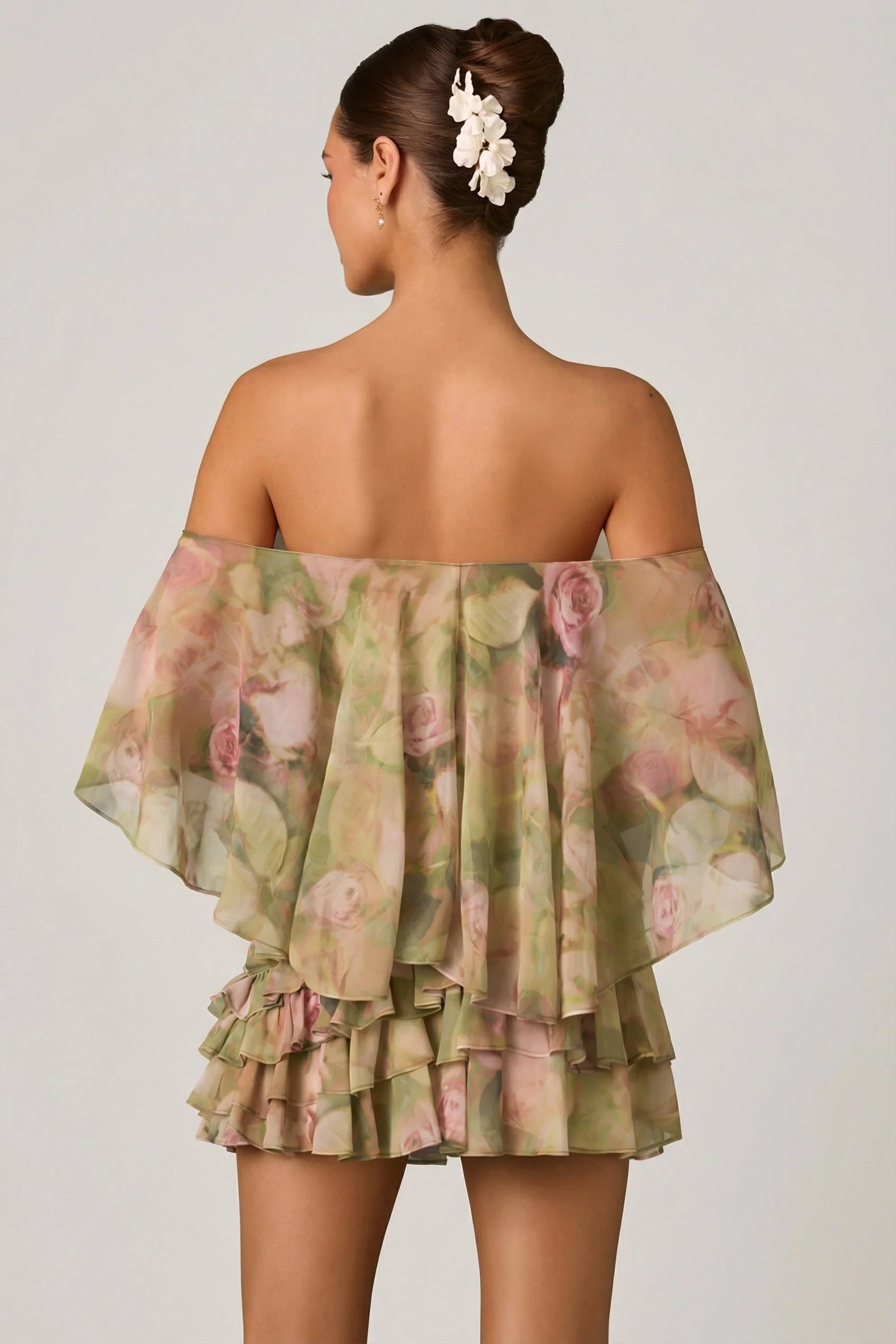 Off-Shoulder Ruffled Mini Dress in Floral Multi Print