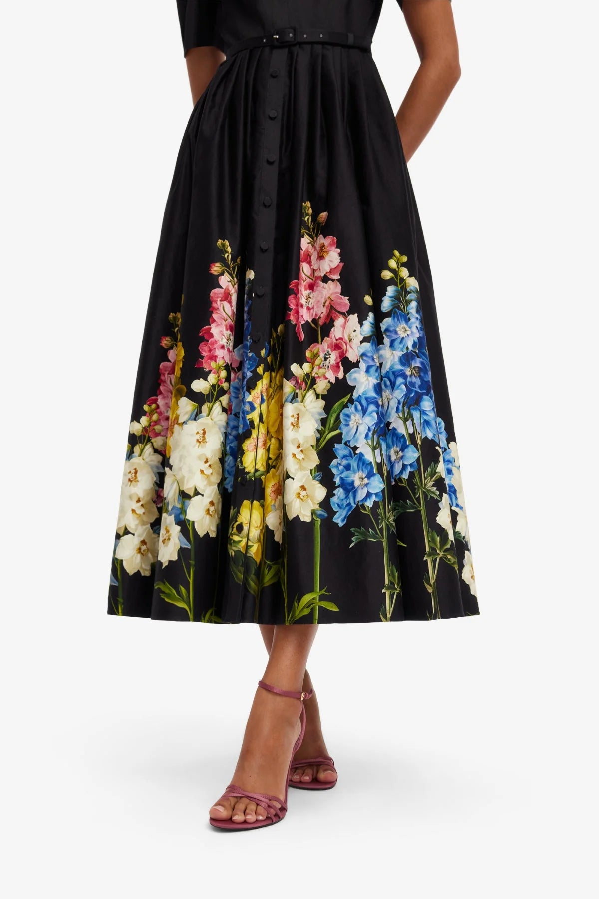 Bianca Short Sleeve Midi Dress - Snapdragon Print in Ebony