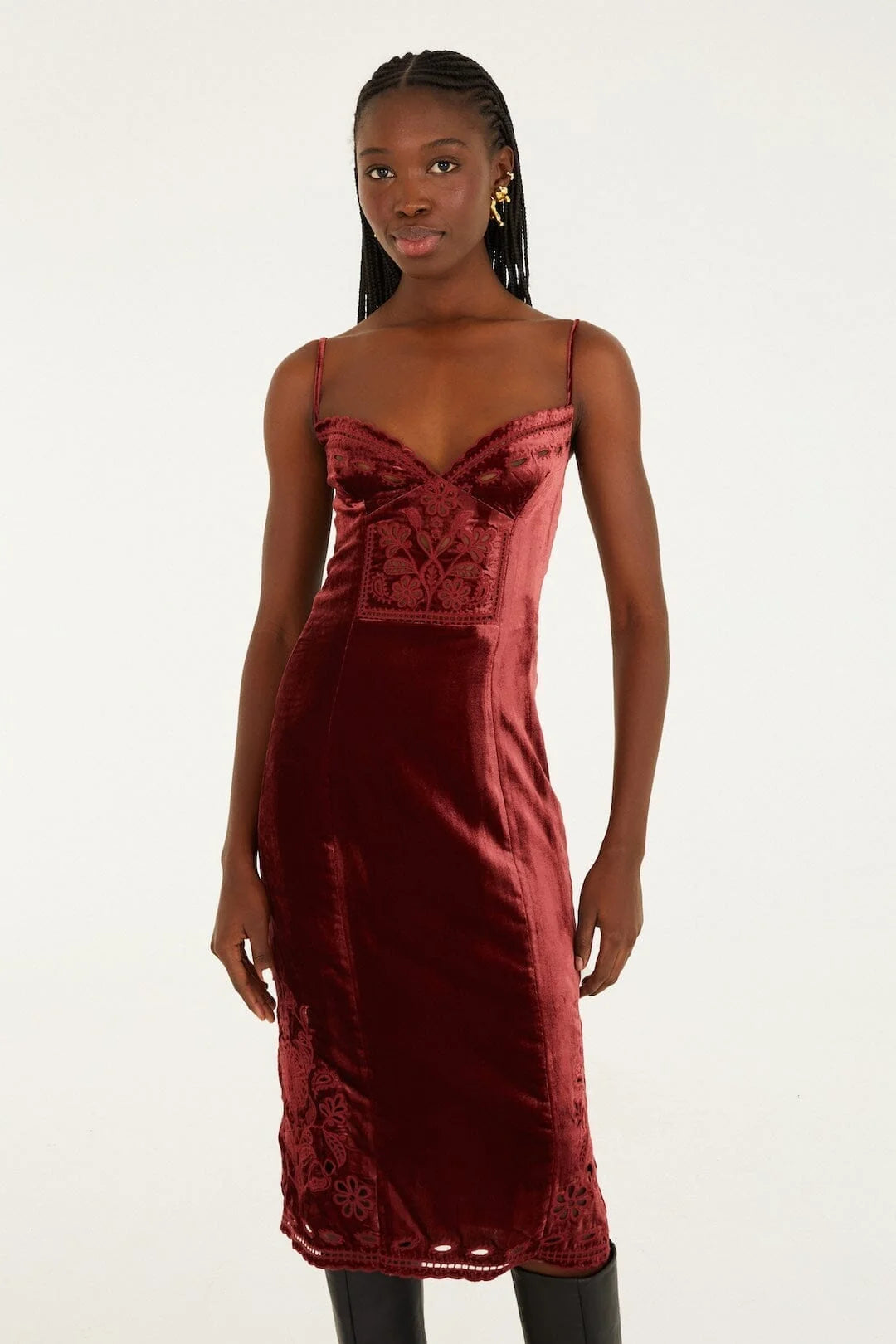 Burgundy Cut-Out Flowers Sleeveless Midi Dress