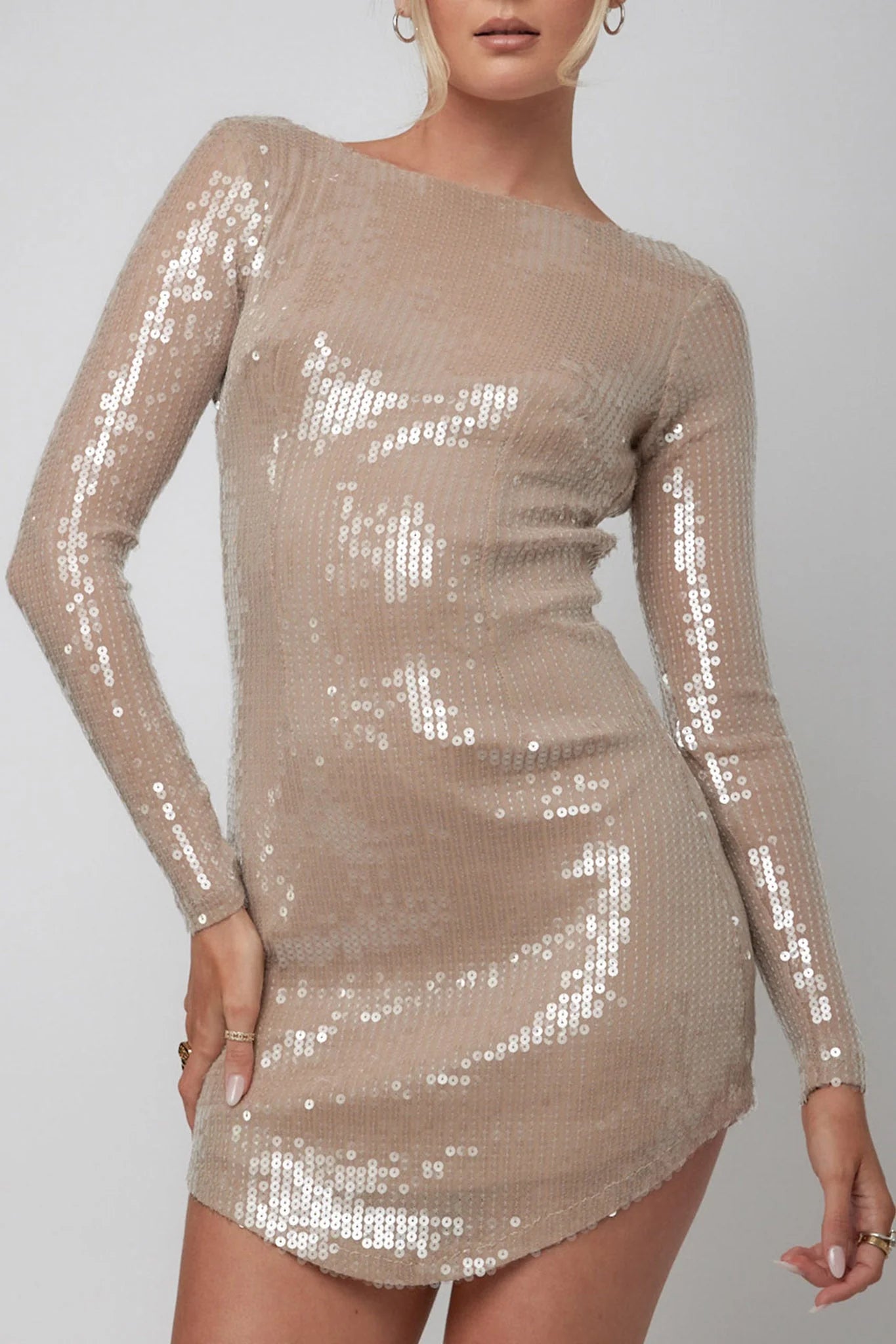 Karma Long Sleeve Keyhole Back Sequin Dress Nude