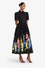 Bianca Short Sleeve Midi Dress - Snapdragon Print in Ebony